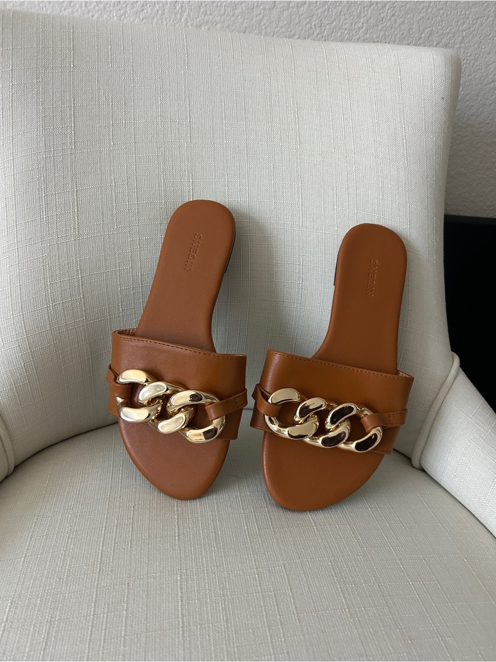 Brown Leather Slide Sandals with Gold Chain Accent